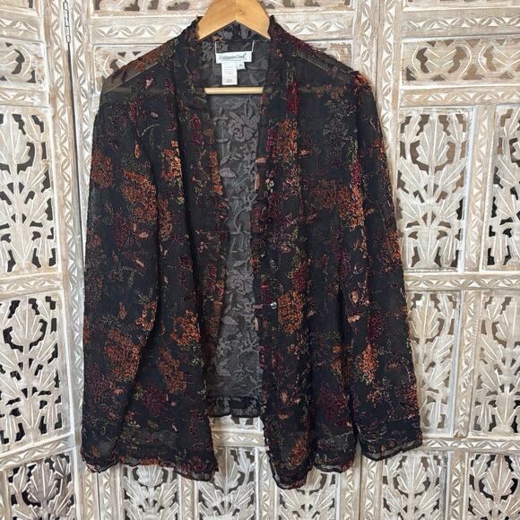 Coldwater Creek Fall Colors Floral Crushed Burnout Velvet Open Front Top Boho-1X - Picture 1 of 11